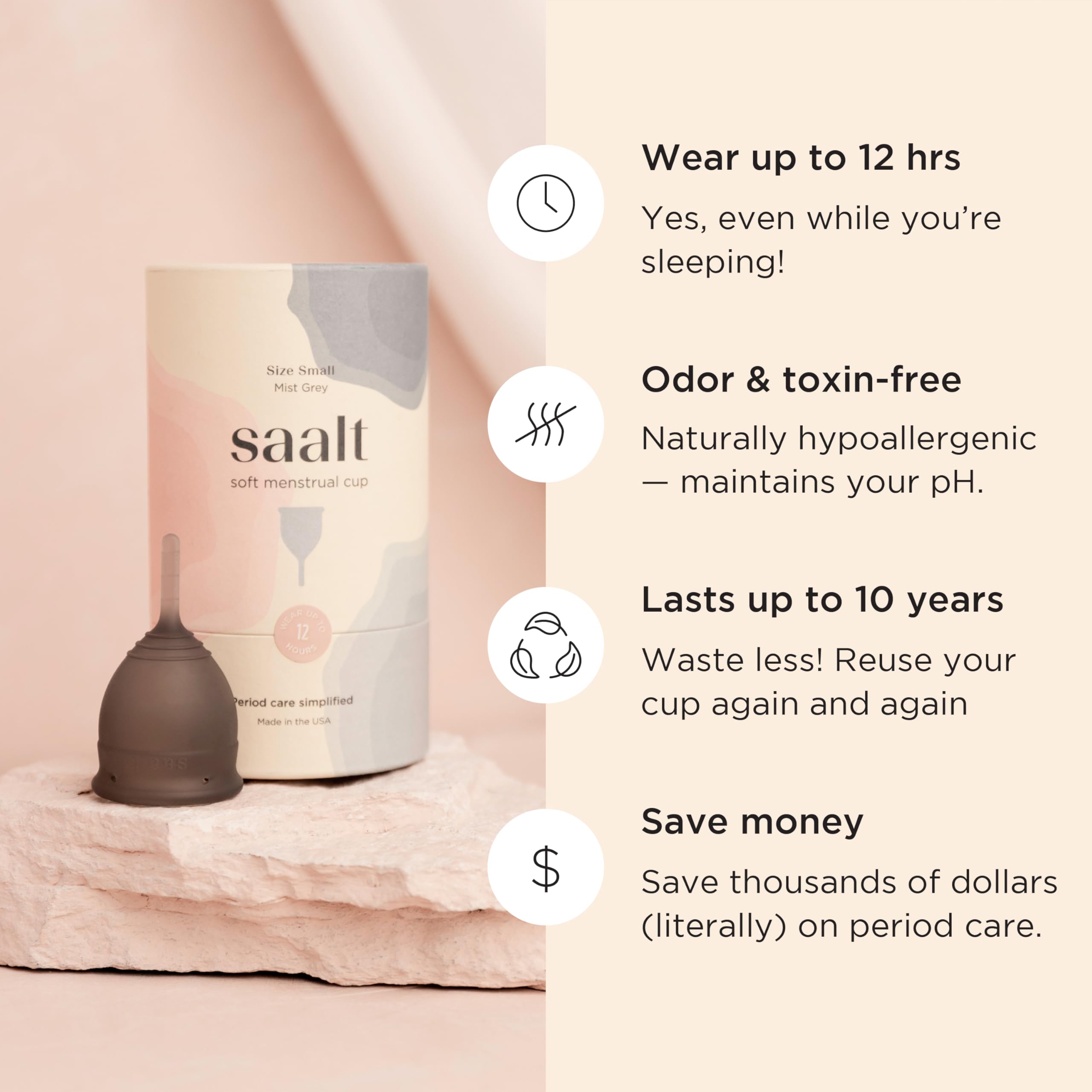 Saalt Soft Menstrual Cup – Reusable Period Cup – Made for Comfortable, Leak-Free Protection Up to 12 Hours – BPA & Latex Free – Includes Cup & Carry Bag (Regular, Grey) - Image 4