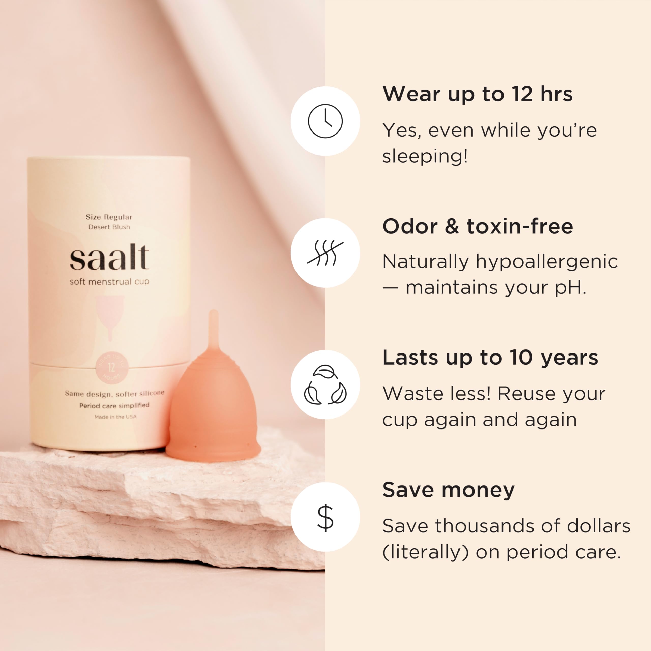 Saalt Soft Menstrual Cup – Reusable Period Cup – Made for Comfortable, Leak-Free Protection Up to 12 Hours – BPA & Latex Free – Includes Cup & Carry Bag (Small, Desert Blush) - Image 4